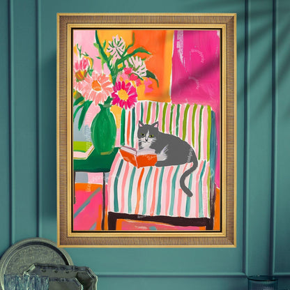 Gray and White Cat Reading Print – Bookish Wall Art – Cozy Reading Nook Decor – Gray Cat Art Gift for Book Lovers Dopamine Decor