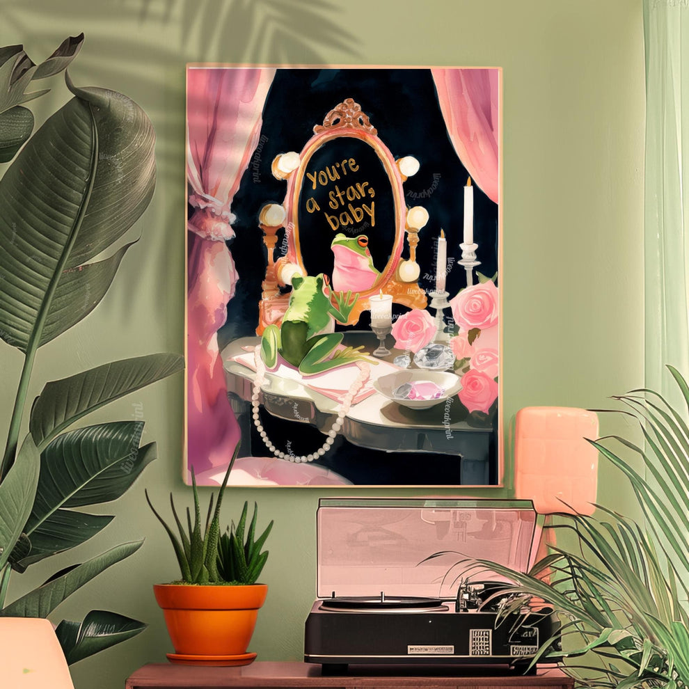You’re a Star, Baby – Inspirational Quote Wall Art Frog Art Print Pink and Green Wall Art Frog Bathroom Wall Decor Coquette Bedroom Art