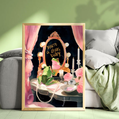 You’re a Star, Baby – Inspirational Quote Wall Art Frog Art Print Pink and Green Wall Art Frog Bathroom Wall Decor Coquette Bedroom Art