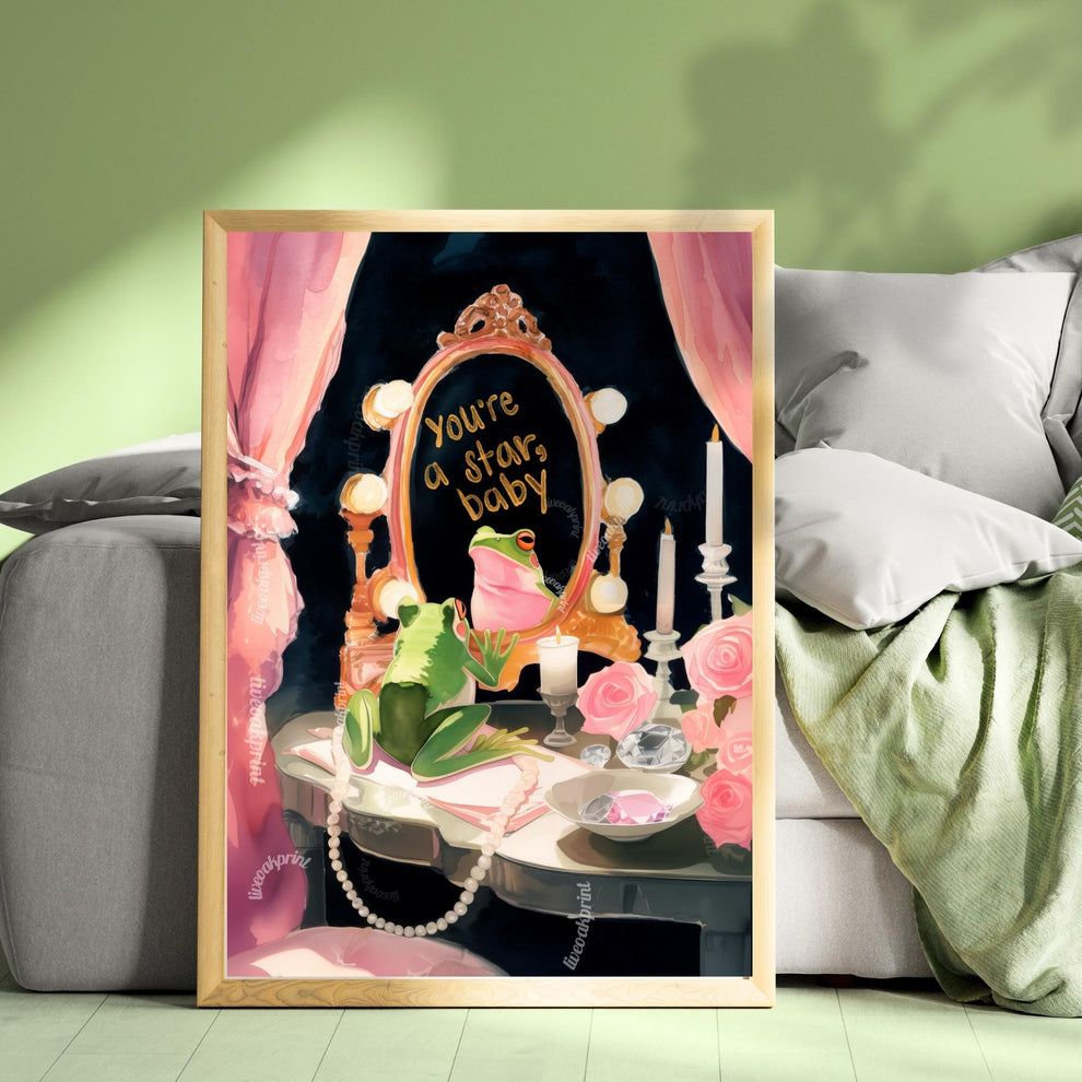 You’re a Star, Baby – Inspirational Quote Wall Art Frog Art Print Pink and Green Wall Art Frog Bathroom Wall Decor Coquette Bedroom Art