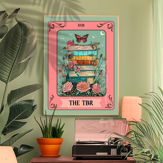 TBR Book Stack Art Print – Bookish Wall Art Pink and Teal Reading Decor Cozy Reading Nook Poster Gift for Readers Booktok Aesthetic
