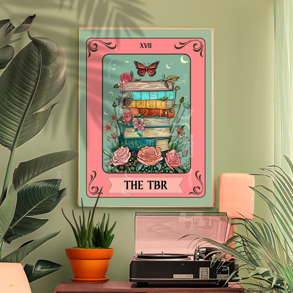 TBR Book Stack Art Print – Bookish Wall Art Pink and Teal Reading Decor Cozy Reading Nook Poster Gift for Readers Booktok Aesthetic