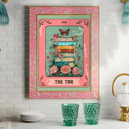 TBR Book Stack Art Print – Bookish Wall Art Pink and Teal Reading Decor Cozy Reading Nook Poster Gift for Readers Booktok Aesthetic