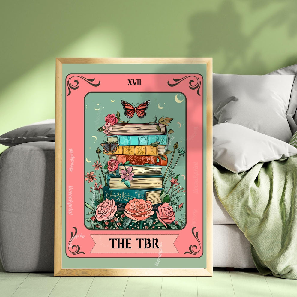 TBR Book Stack Art Print – Bookish Wall Art Pink and Teal Reading Decor Cozy Reading Nook Poster Gift for Readers Booktok Aesthetic