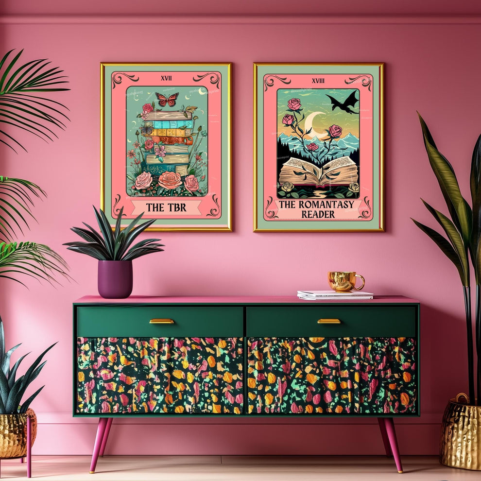 TBR Book Stack Art Print – Bookish Wall Art Pink and Teal Reading Decor Cozy Reading Nook Poster Gift for Readers Booktok Aesthetic