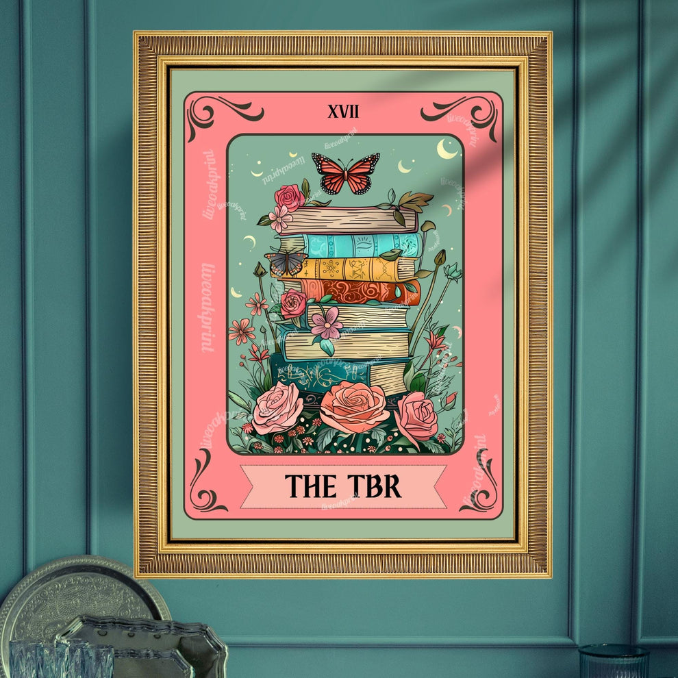 TBR Book Stack Art Print – Bookish Wall Art Pink and Teal Reading Decor Cozy Reading Nook Poster Gift for Readers Booktok Aesthetic