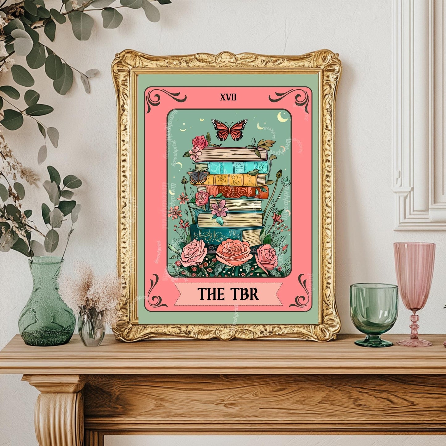 TBR Book Stack Art Print – Bookish Wall Art Pink and Teal Reading Decor Cozy Reading Nook Poster Gift for Readers Booktok Aesthetic