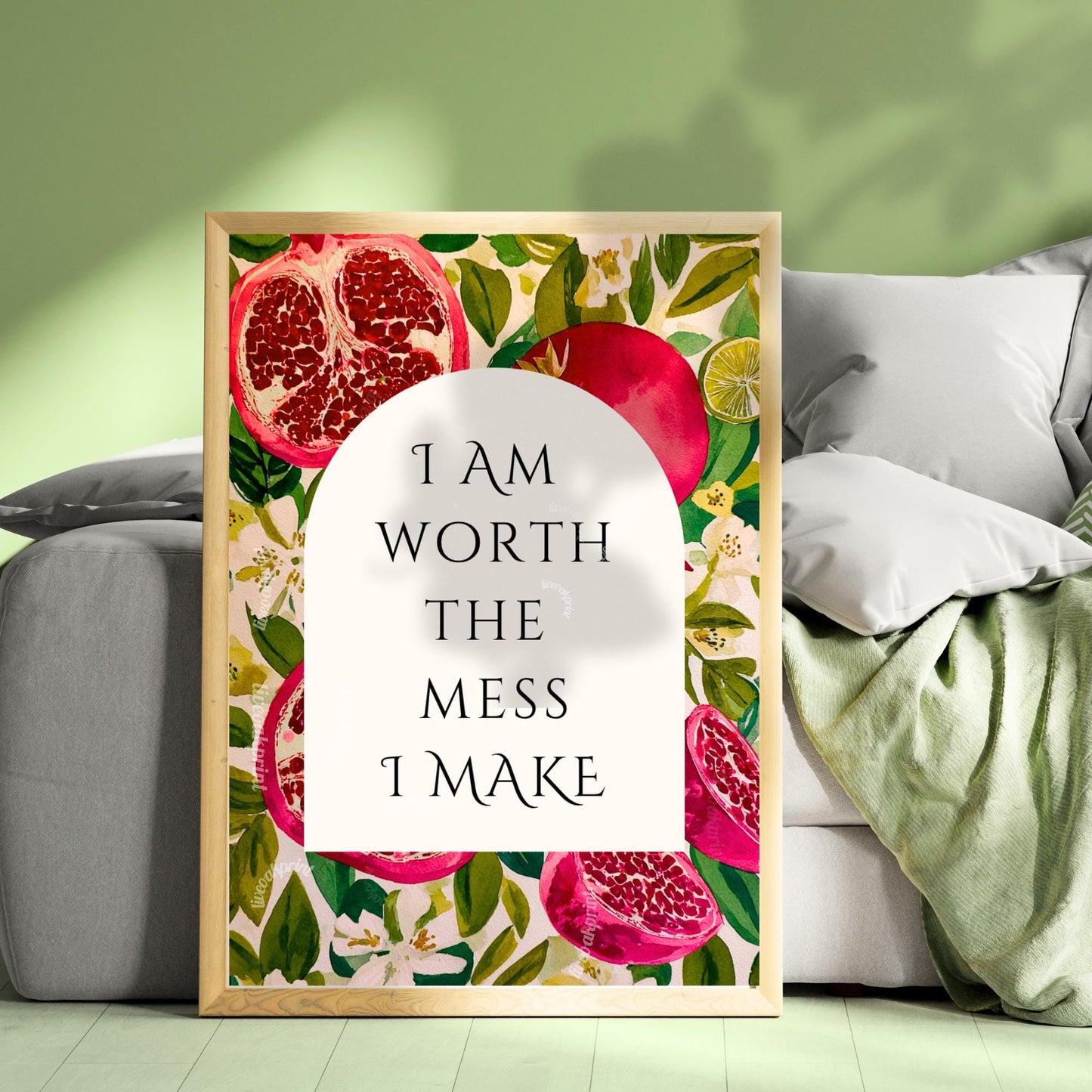 I Am Worth the Mess I Make – Pomegranate Wall Art Print Feminist Wall Art Fruit Wall Decor Self Love Poster Colorful Kitchen Art Print