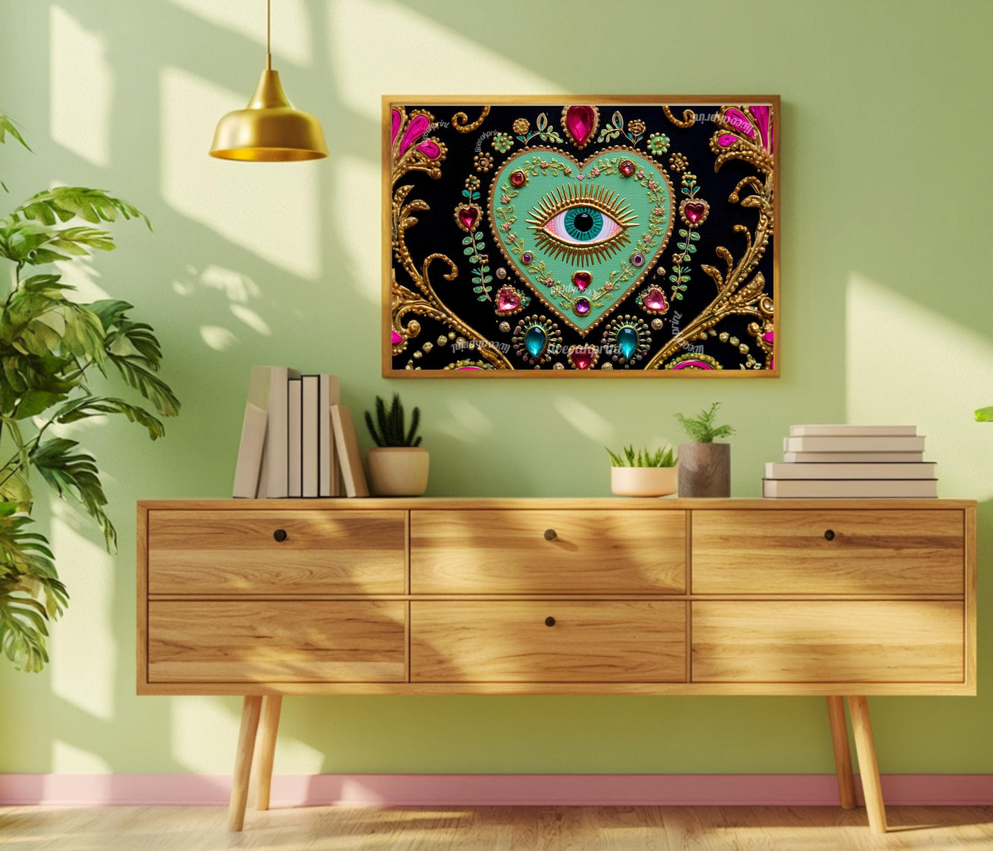 Horizontal Eye Heart Wall Art – Turquoise Surreal Wall Decor Jeweled Wall Art Surrealist Chic Home Decor Dark Coquette Wall Art Psychedelic