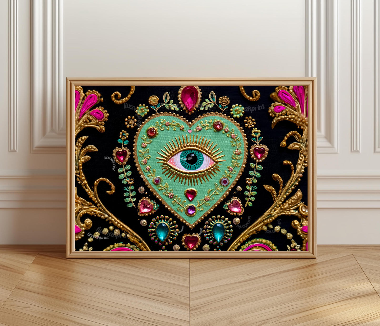 Horizontal Eye Heart Wall Art – Turquoise Surreal Wall Decor Jeweled Wall Art Surrealist Chic Home Decor Dark Coquette Wall Art Psychedelic