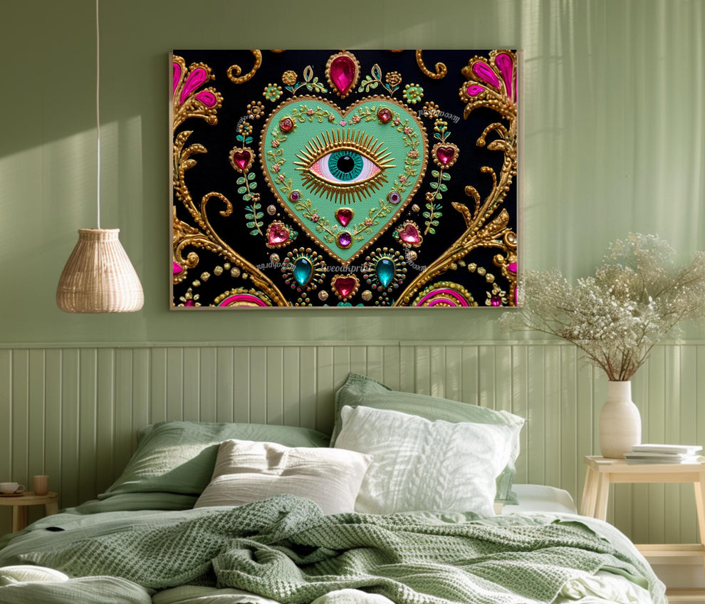 Horizontal Eye Heart Wall Art – Turquoise Surreal Wall Decor Jeweled Wall Art Surrealist Chic Home Decor Dark Coquette Wall Art Psychedelic