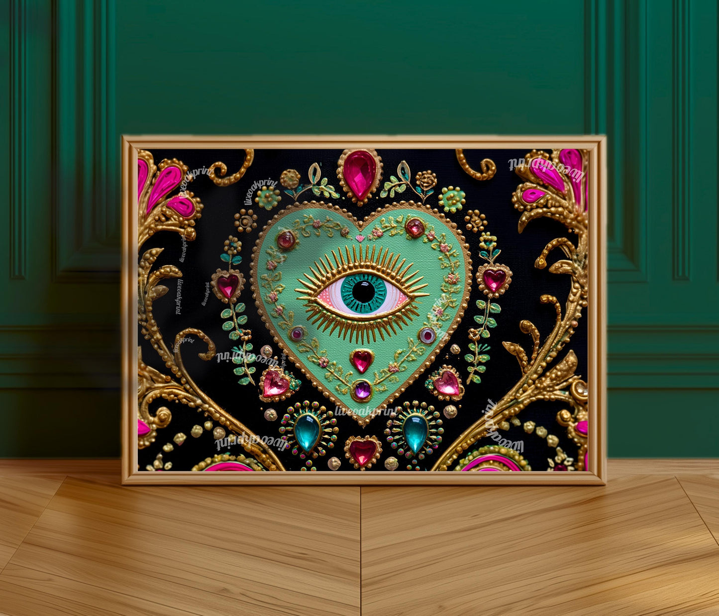 Horizontal Eye Heart Wall Art – Turquoise Surreal Wall Decor Jeweled Wall Art Surrealist Chic Home Decor Dark Coquette Wall Art Psychedelic