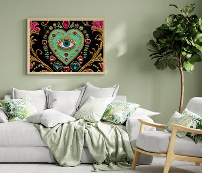 Horizontal Eye Heart Wall Art – Turquoise Surreal Wall Decor Jeweled Wall Art Surrealist Chic Home Decor Dark Coquette Wall Art Psychedelic