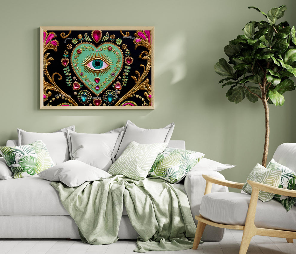 Horizontal Eye Heart Wall Art – Turquoise Surreal Wall Decor Jeweled Wall Art Surrealist Chic Home Decor Dark Coquette Wall Art Psychedelic