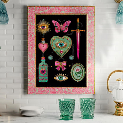 Surreal Pink and Green Wall Art – Jeweled Collage Print with Eyes, Heart, Sword, and Rose – Maximalist Coquette Decor Trippy Eclectic Art
