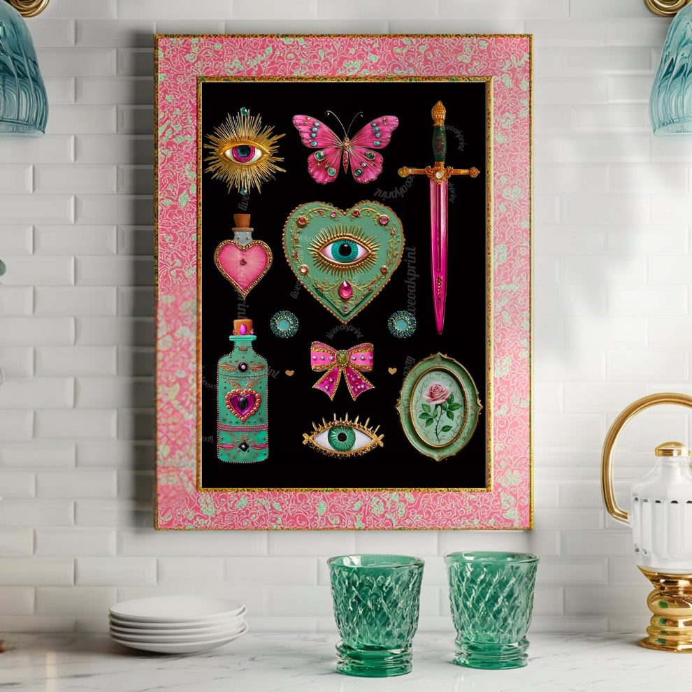Surreal Pink and Green Wall Art – Jeweled Collage Print with Eyes, Heart, Sword, and Rose – Maximalist Coquette Decor Trippy Eclectic Art