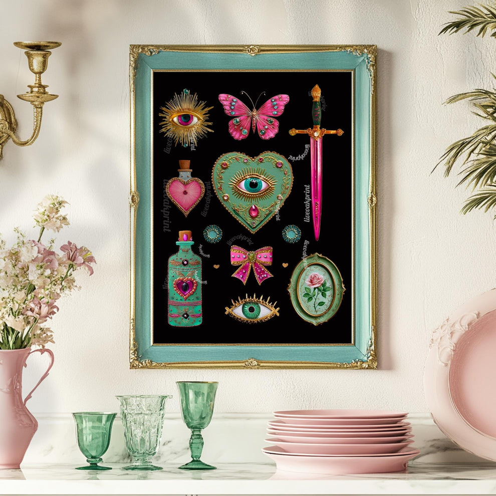 Surreal Pink and Green Wall Art – Jeweled Collage Print with Eyes, Heart, Sword, and Rose – Maximalist Coquette Decor Trippy Eclectic Art