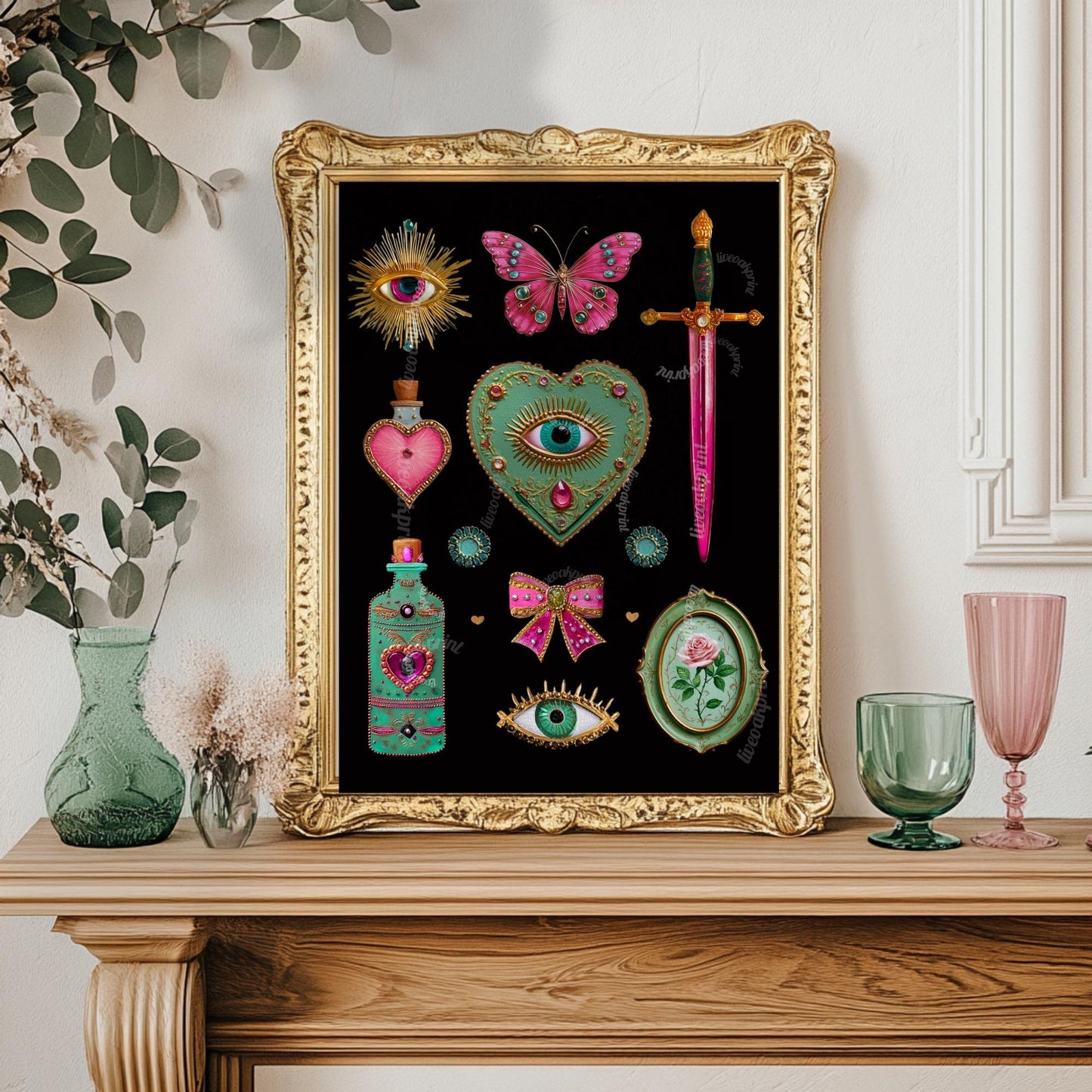 Surreal Pink and Green Wall Art – Jeweled Collage Print with Eyes, Heart, Sword, and Rose – Maximalist Coquette Decor Trippy Eclectic Art