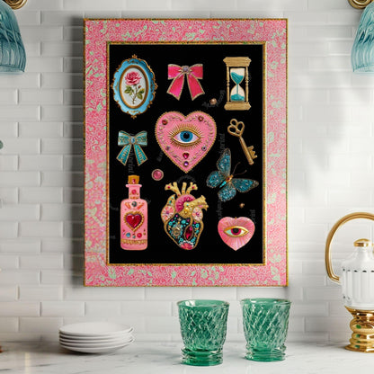 Surreal Pink and Blue Wall Art – Jeweled Collage Print with Eyes, Heart, Sword, and Rose – Maximalist Coquette Decor Trippy Eclectic Art