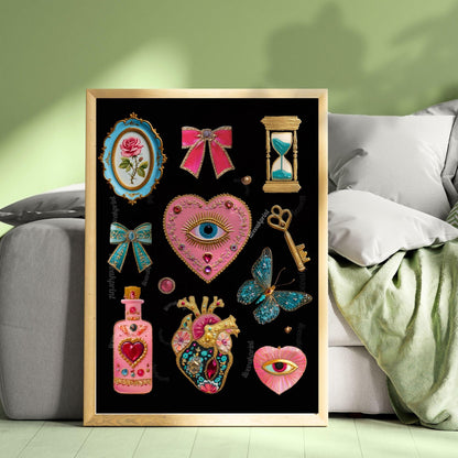 Surreal Pink and Blue Wall Art – Jeweled Collage Print with Eyes, Heart, Sword, and Rose – Maximalist Coquette Decor Trippy Eclectic Art