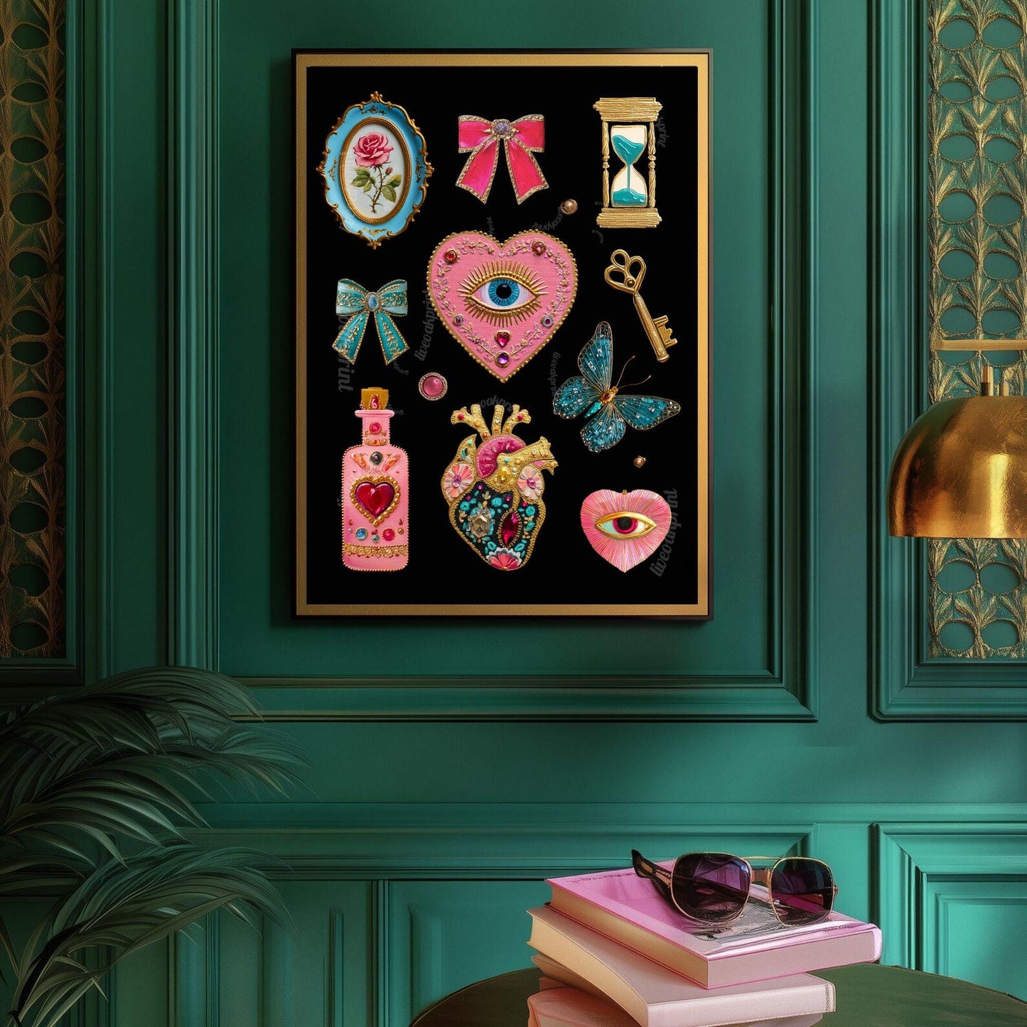 Surreal Pink and Blue Wall Art – Jeweled Collage Print with Eyes, Heart, Sword, and Rose – Maximalist Coquette Decor Trippy Eclectic Art