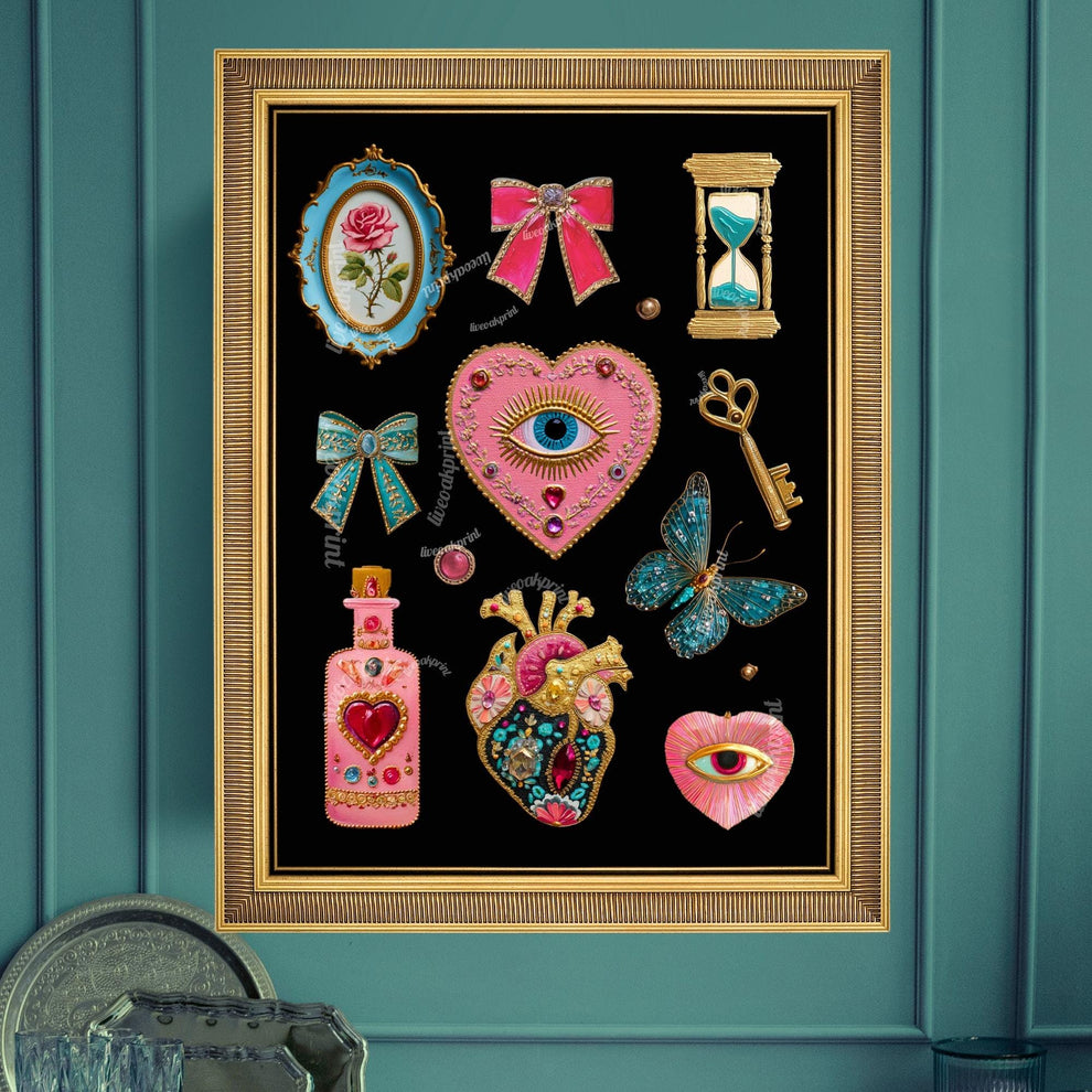 Surreal Pink and Blue Wall Art – Jeweled Collage Print with Eyes, Heart, Sword, and Rose – Maximalist Coquette Decor Trippy Eclectic Art