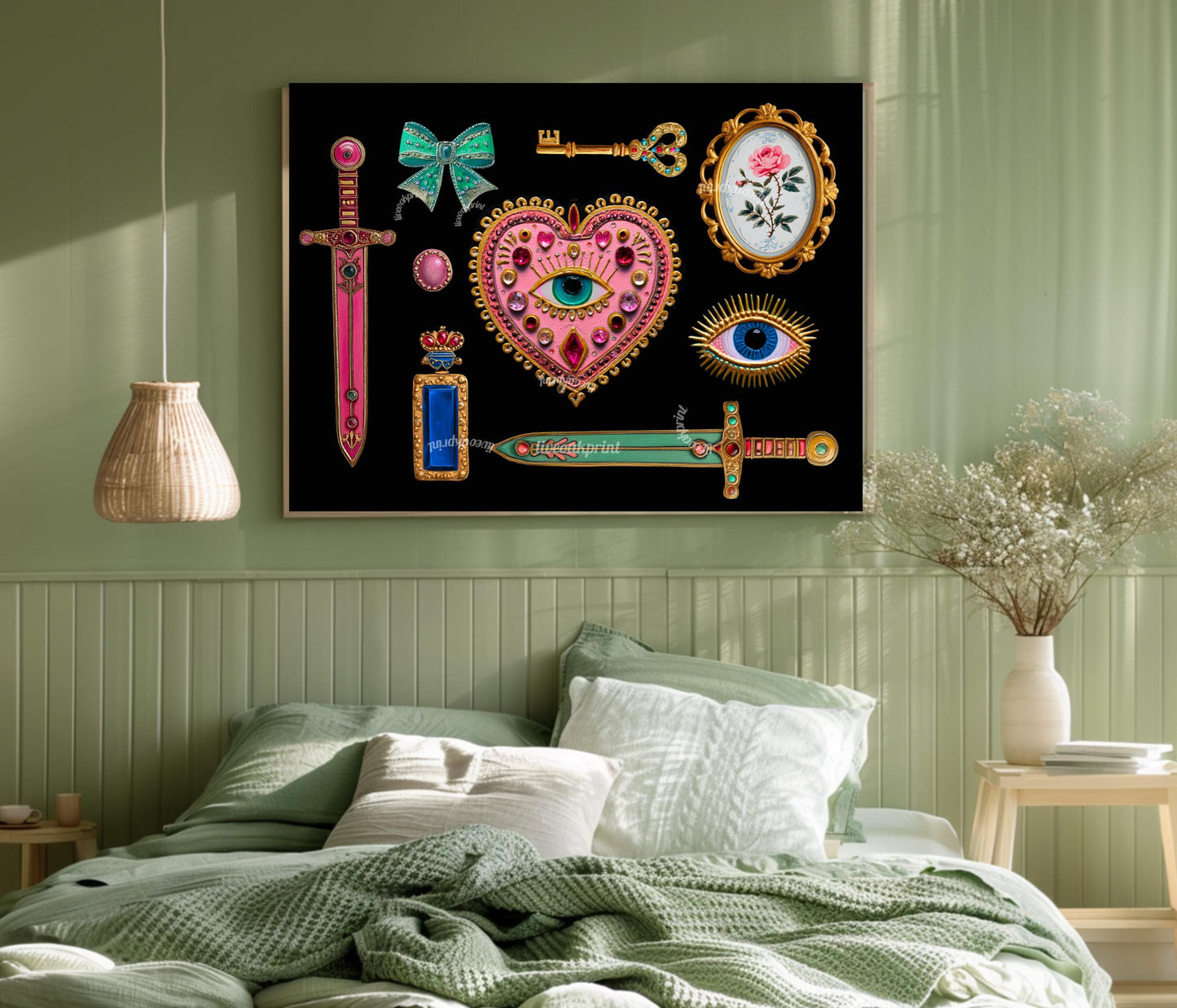 Horizontal Surrealist Art Print – Pink and Green Eye Heart Wall Art Jeweled Collage Decor Maximalist Coquette Print Retro Chic Artwork