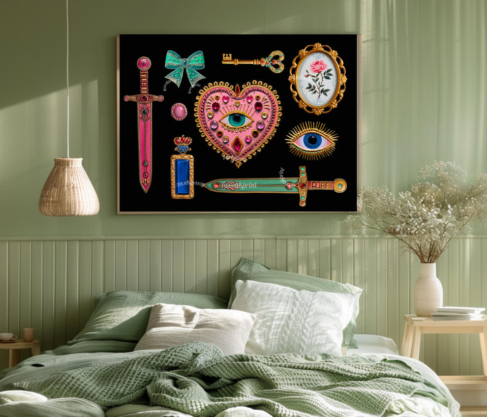 Horizontal Surrealist Art Print – Pink and Green Eye Heart Wall Art Jeweled Collage Decor Maximalist Coquette Print Retro Chic Artwork