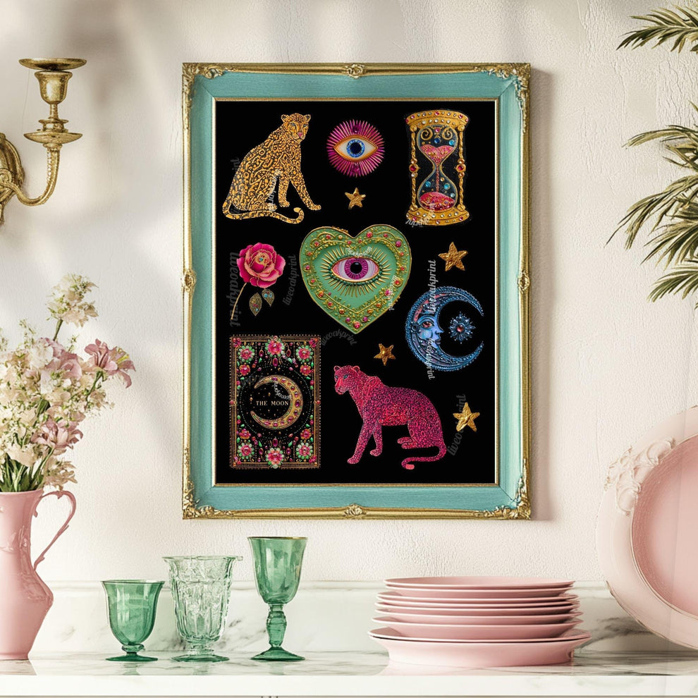 Boho Surreal Wall Art – Leopard Wall Art Print Eyes Maximalist Coquette Decor Trippy Eclectic Art Eye Wall Art Moon Wall Decor Celestial