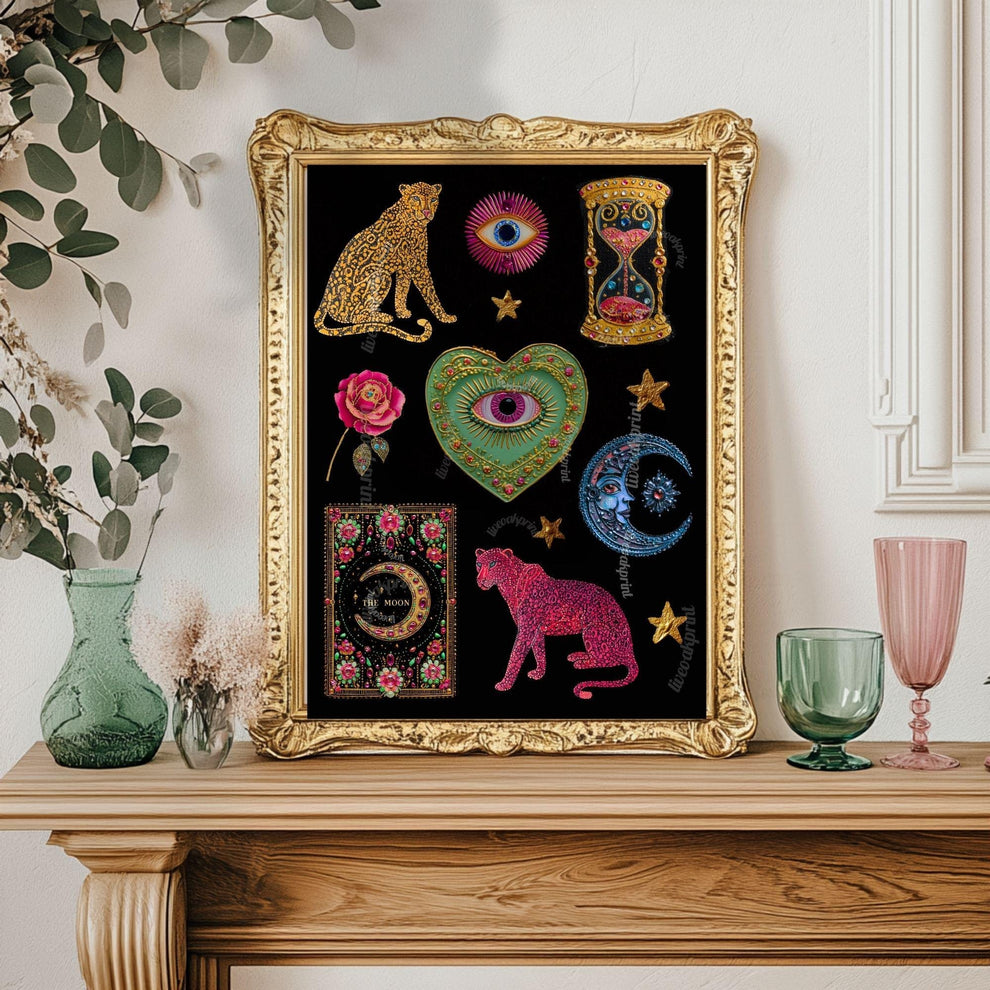 Boho Surreal Wall Art – Leopard Wall Art Print Eyes Maximalist Coquette Decor Trippy Eclectic Art Eye Wall Art Moon Wall Decor Celestial