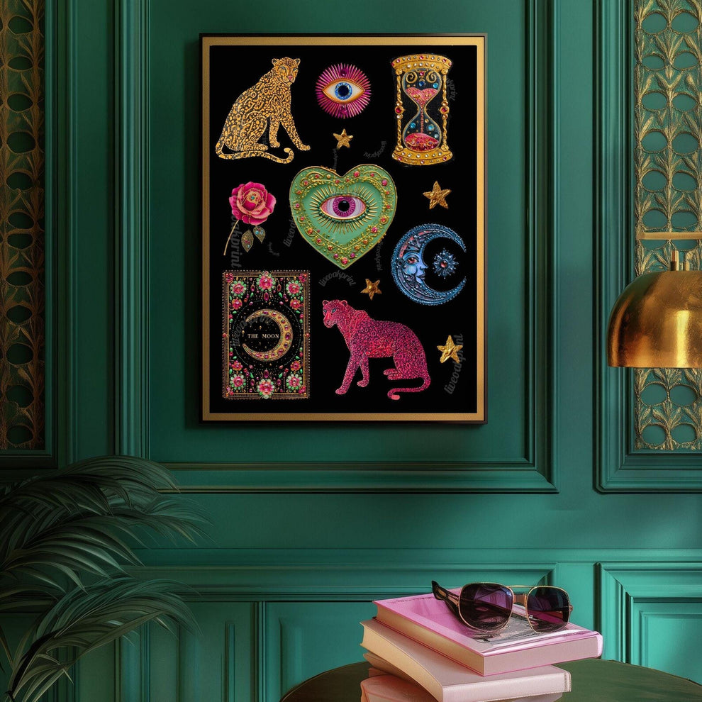 Boho Surreal Wall Art – Leopard Wall Art Print Eyes Maximalist Coquette Decor Trippy Eclectic Art Eye Wall Art Moon Wall Decor Celestial