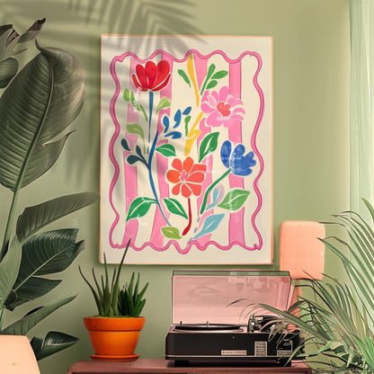 Bright Flowers Wall Art – Pink and Green Pastel Print Cozy Cottagecore Bedroom Decor – Botanical Wall Art Soft Pink Floral Print