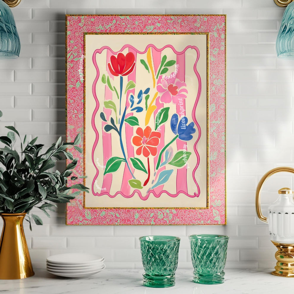 Bright Flowers Wall Art – Pink and Green Pastel Print Cozy Cottagecore Bedroom Decor – Botanical Wall Art Soft Pink Floral Print