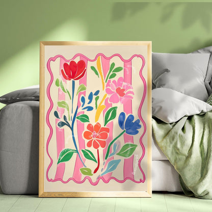 Bright Flowers Wall Art – Pink and Green Pastel Print Cozy Cottagecore Bedroom Decor – Botanical Wall Art Soft Pink Floral Print