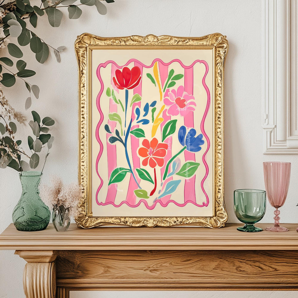 Bright Flowers Wall Art – Pink and Green Pastel Print Cozy Cottagecore Bedroom Decor – Botanical Wall Art Soft Pink Floral Print