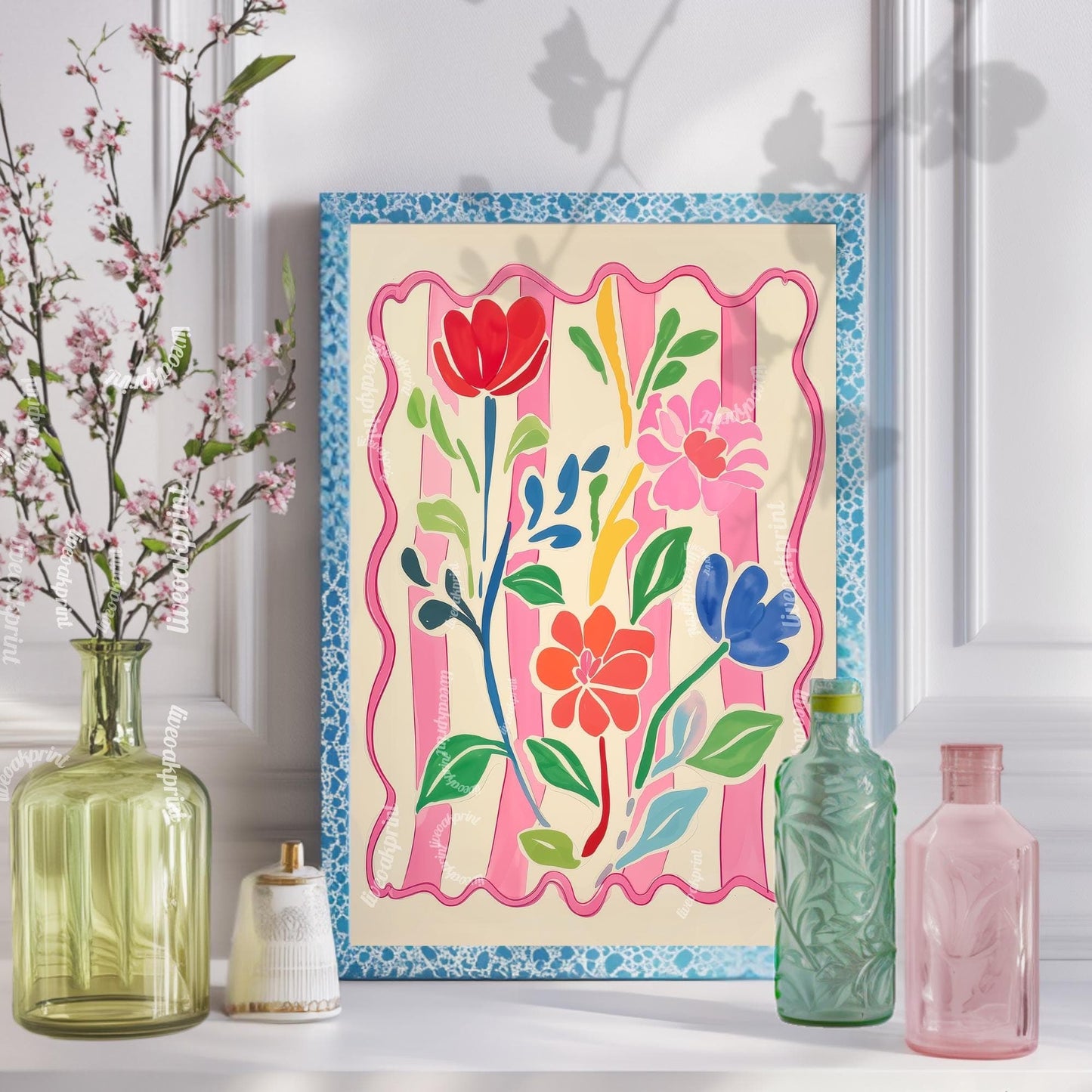 Bright Flowers Wall Art – Pink and Green Pastel Print Cozy Cottagecore Bedroom Decor – Botanical Wall Art Soft Pink Floral Print