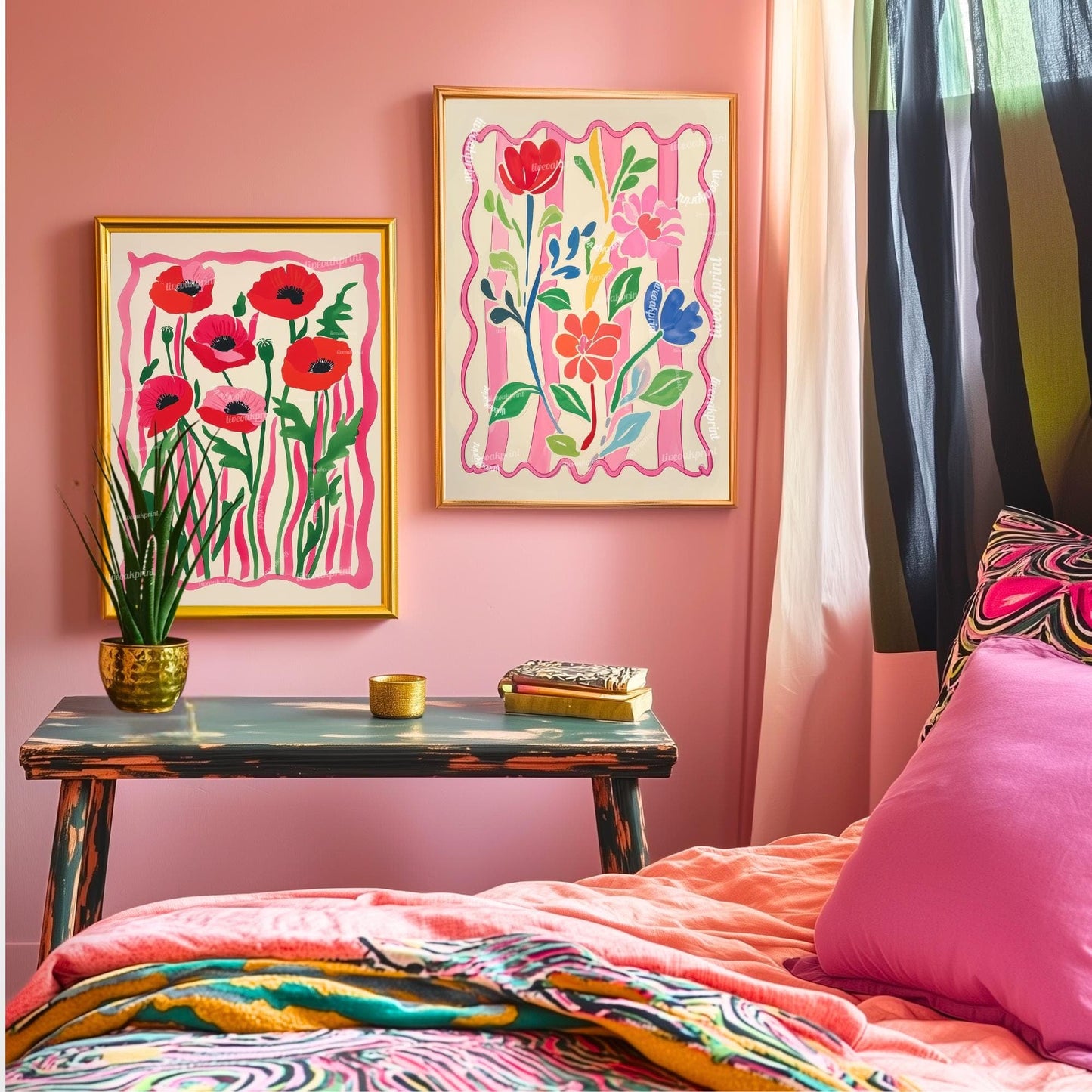 Bright Flowers Wall Art – Pink and Green Pastel Print Cozy Cottagecore Bedroom Decor – Botanical Wall Art Soft Pink Floral Print