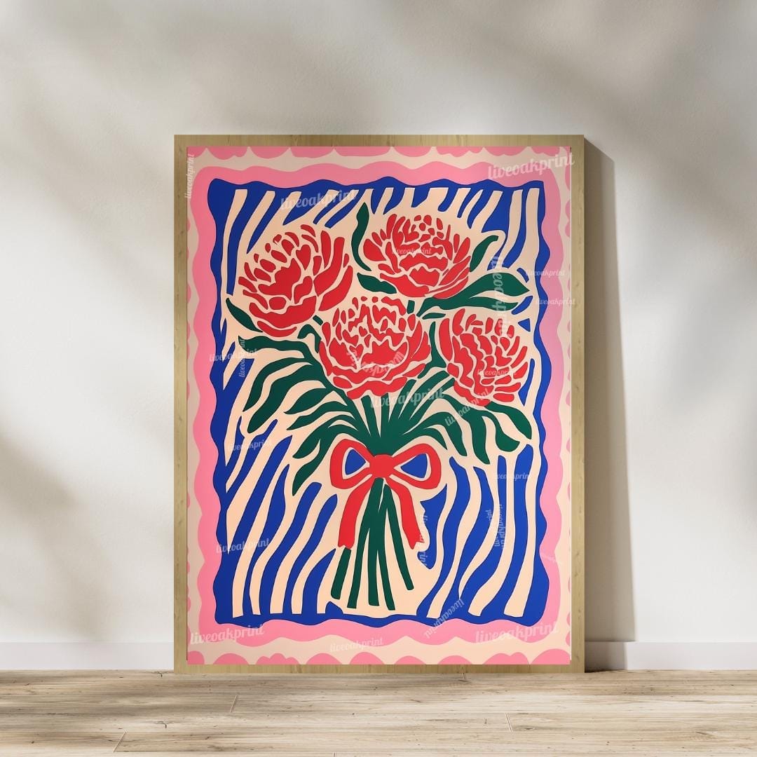 Red and Pink Floral Wall Art Set of 2 – Pink and Blue Flower Prints Boho Botanical Wall Decor Coquette Bedroom Art Bold Maximalist Decor
