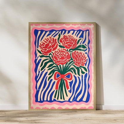 Red and Pink Floral Wall Art Set of 2 – Pink and Blue Flower Prints Boho Botanical Wall Decor Coquette Bedroom Art Bold Maximalist Decor