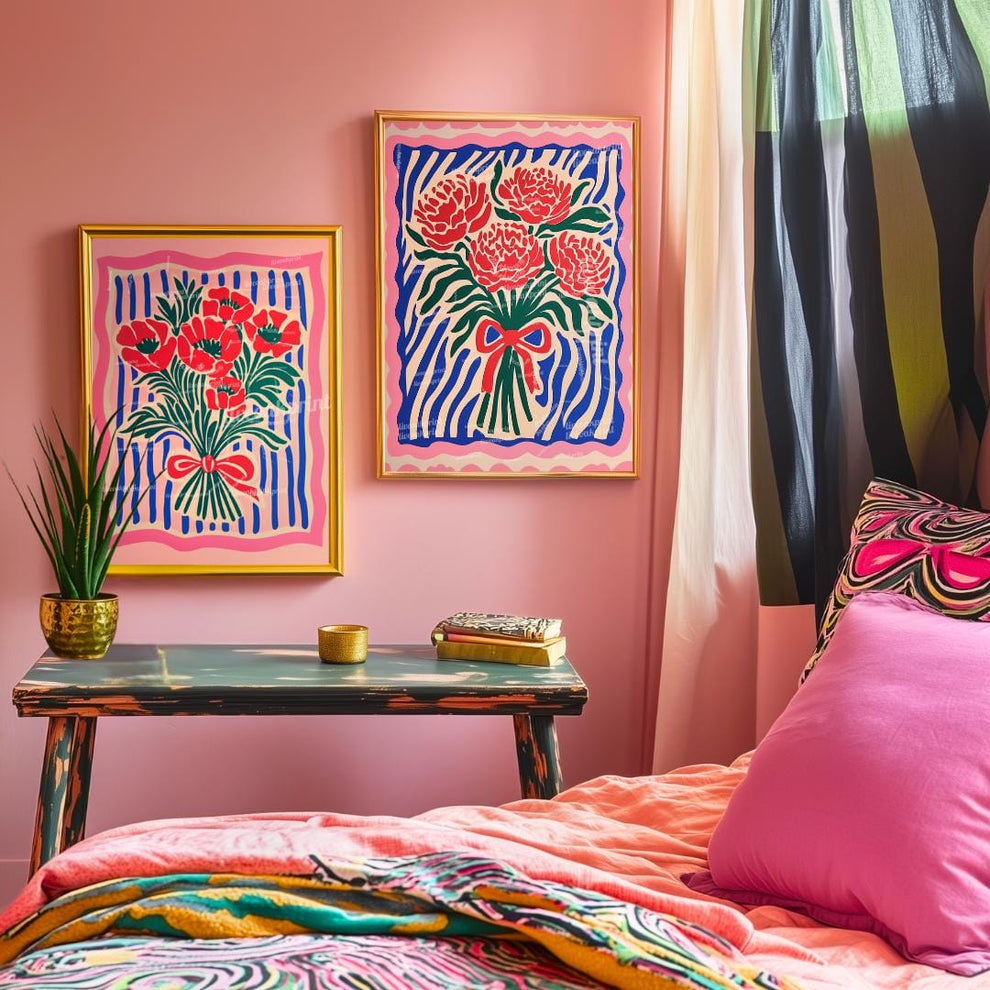 Red and Pink Floral Wall Art Set of 2 – Pink and Blue Flower Prints Boho Botanical Wall Decor Coquette Bedroom Art Bold Maximalist Decor