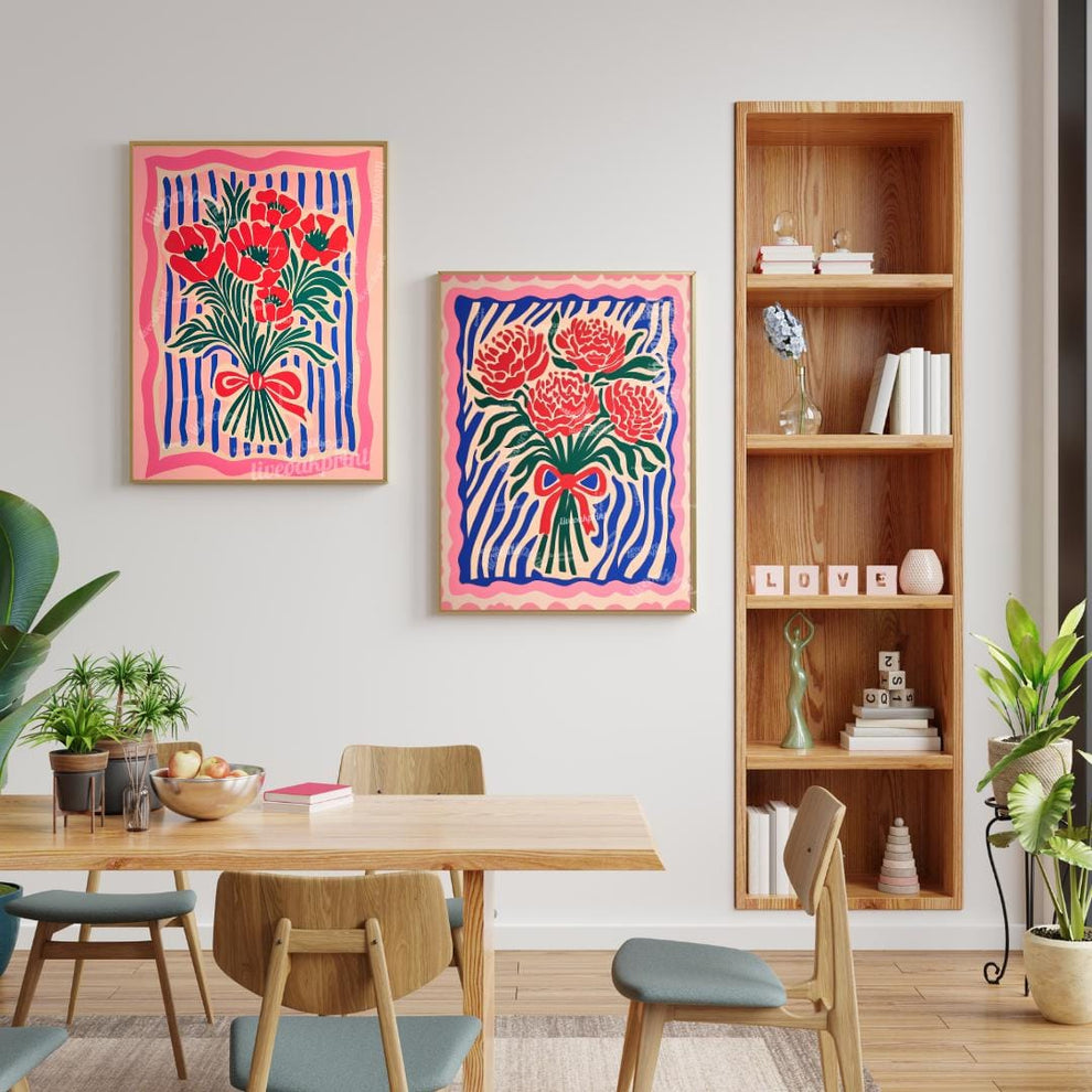 Red and Pink Floral Wall Art Set of 2 – Pink and Blue Flower Prints Boho Botanical Wall Decor Coquette Bedroom Art Bold Maximalist Decor