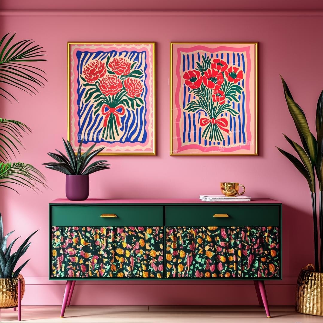 Red and Pink Floral Wall Art Set of 2 – Pink and Blue Flower Prints Boho Botanical Wall Decor Coquette Bedroom Art Bold Maximalist Decor