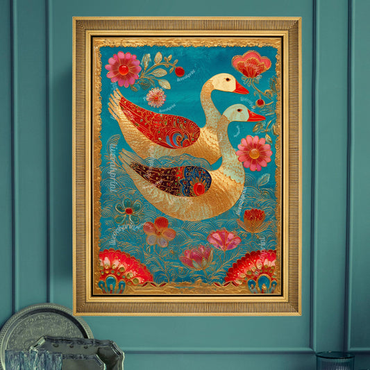 Whimsical Bird Wall Art – Turquoise and Gold Surreal Print, Maximalist Floral Decor, Folk-Inspired Goose Art for Eclectic Gallery Walls