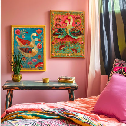 Whimsical Bird Wall Art – Turquoise and Gold Surreal Print, Maximalist Floral Decor, Folk-Inspired Goose Art for Eclectic Gallery Walls