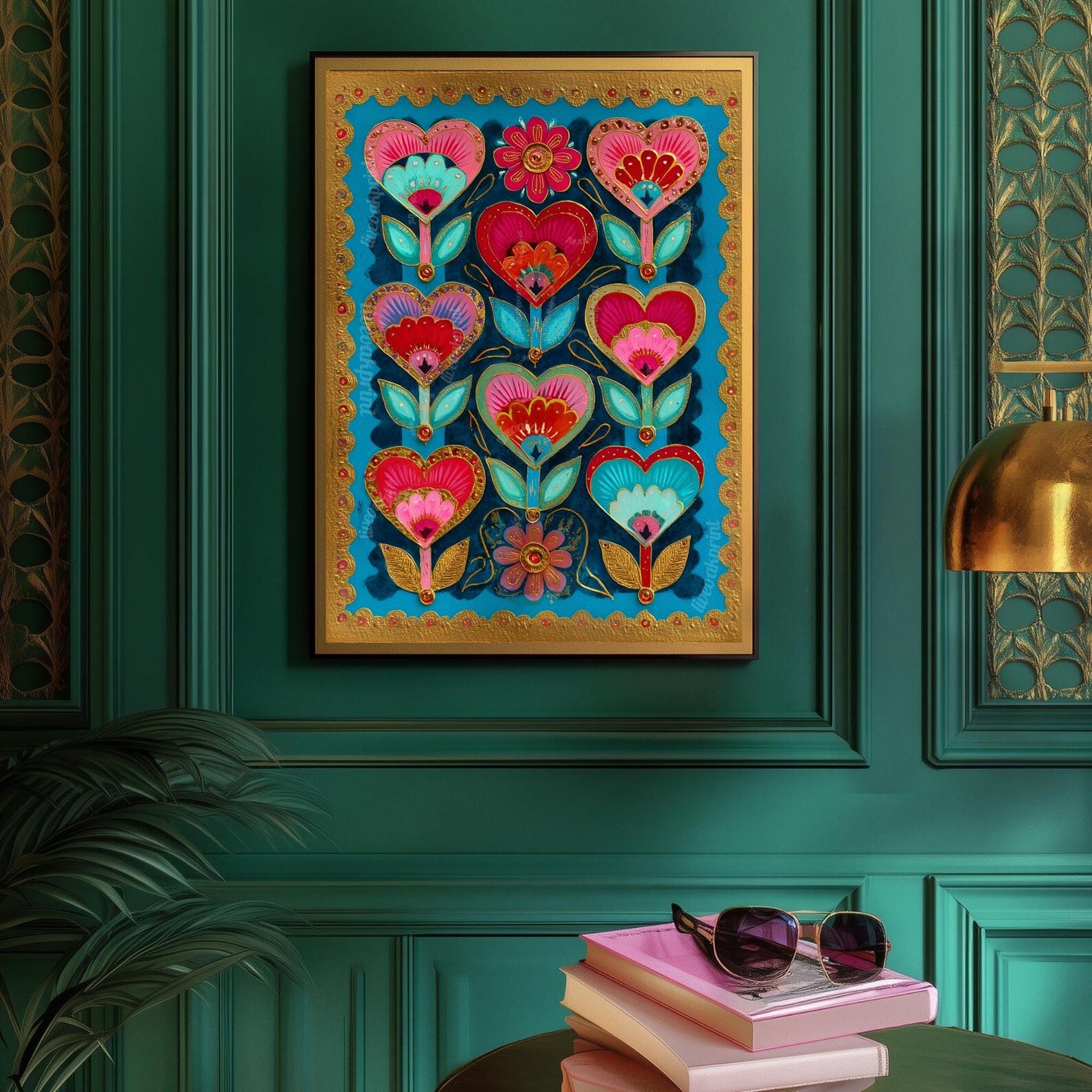 Colorful Heart Flower Wall Art – Pink and Teal Folk Floral Print, ScandinavianMaximalist Home Decor, Whimsical Boho Bedroom Artwork