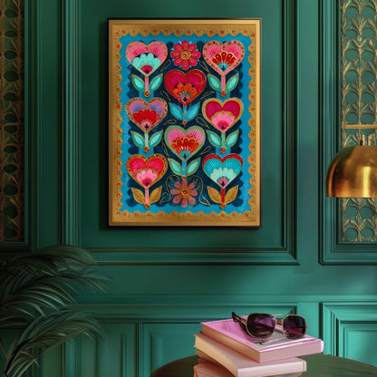 Colorful Heart Flower Wall Art – Pink and Teal Folk Floral Print, ScandinavianMaximalist Home Decor, Whimsical Boho Bedroom Artwork