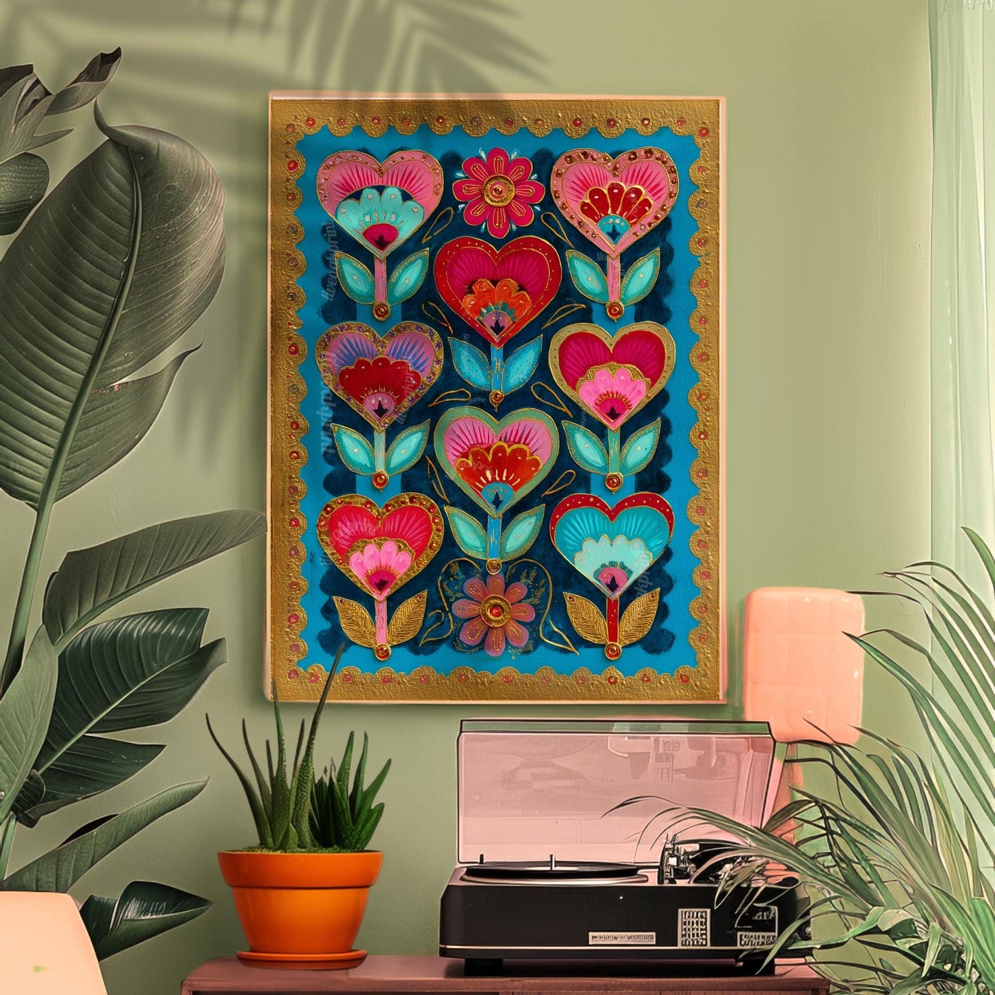 Colorful Heart Flower Wall Art – Pink and Teal Folk Floral Print, ScandinavianMaximalist Home Decor, Whimsical Boho Bedroom Artwork