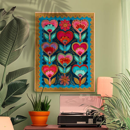 Colorful Heart Flower Wall Art – Pink and Teal Folk Floral Print, ScandinavianMaximalist Home Decor, Whimsical Boho Bedroom Artwork