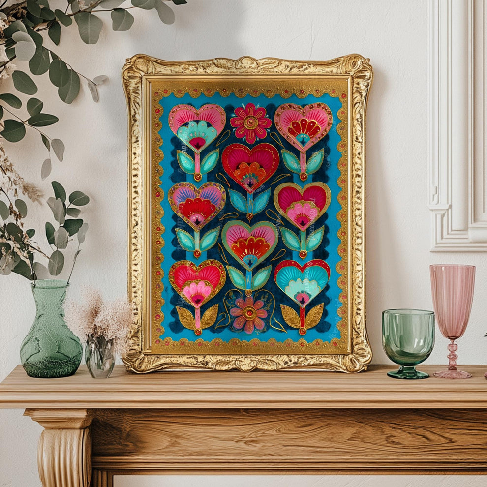 Colorful Heart Flower Wall Art – Pink and Teal Folk Floral Print, ScandinavianMaximalist Home Decor, Whimsical Boho Bedroom Artwork