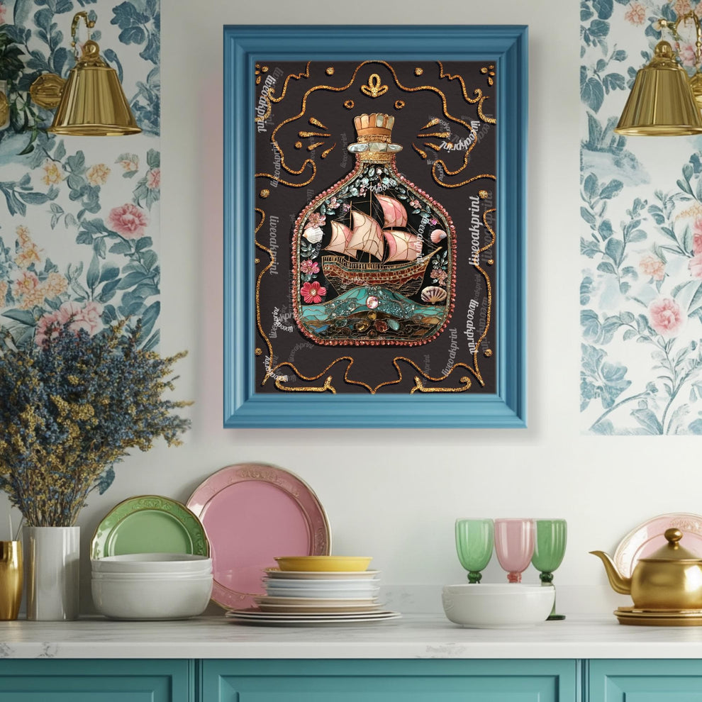 Ship in a Bottle Art Print – Coastal Wall Art – Dark Nautical Decor – Whimsical Ocean Poster – Maritime Fantasy Print – Maximalist Beach Art